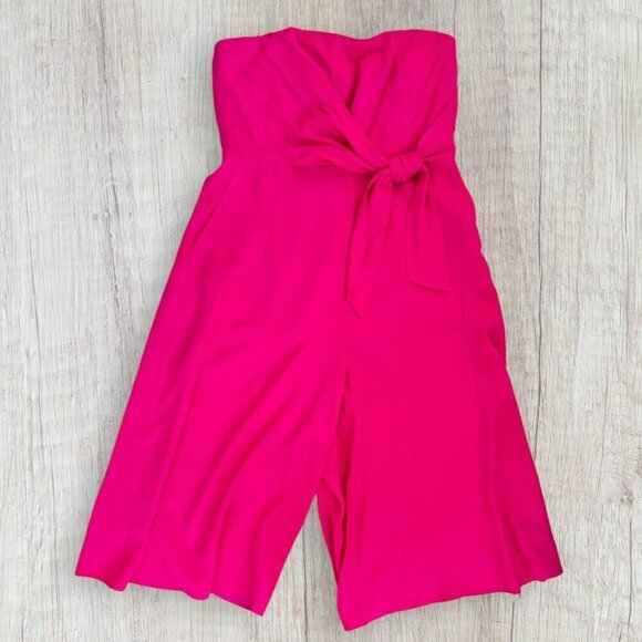 MAEVE Anthropologie Strapless Wide Crop Leg Romper Dress Hot Pink Jumpsuit 12P - Picture 1 of 5